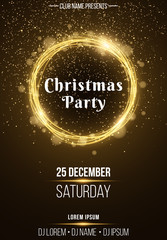 Background vertical poster for a Christmas party. Shining golden banner with golden dust. Abstract yellow lights. Festive poster. DJ and club name. Vector