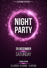 Background vertical poster for a night party. Shining purple banner with purple dust. Abstract purple lights. Festive poster. DJ and club name. Vector