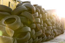 Old Tires Stacked Ready For Recycling
