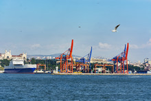 Cranes And Freight Vessel In Haydarpasa Port.Istanbul , TURKEY