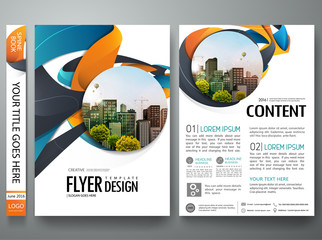 Wall Mural - Portfolio design template vector. Minimal brochure report business flyers magazine poster. Abstract graphic blue and orange shape on cover book presentation.