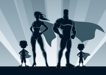 Wall Mural - Superhero Family 2 Boys / Superhero family posing in front of lights. 