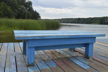 Lonely, Blue Bench, On Lake Platform