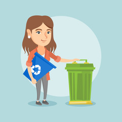 Sticker - Young caucasian woman carrying a recycling bin. Smiling woman holding recycling bin while standing near a trash can. Concept of waste recycling. Vector cartoon illustration. Square layout.