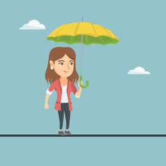 Canvas Print - Caucasian business woman walking on a tightrope with umbrella in hand. Business woman balancing on a tightrope. Concept of risks and challenges in business. Vector cartoon illustration. Square layout.