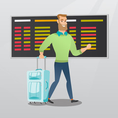 Poster - Young caucasian passenger with suitcase walking on the background of schedule board at the airport. Hipster man with beard pulling suitcase at the airport. Vector cartoon illustration. Square layout.