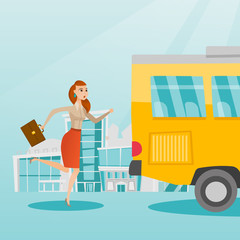 Poster - Young business woman chasing a bus. Caucasian business woman running for an outgoing bus. Latecomer business woman running to reach a bus. Vector cartoon illustration. Square layout.