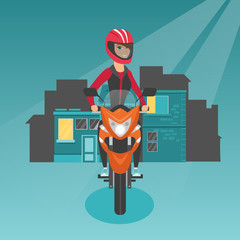 Poster - Young caucasian woman in helmet riding a motorcycle on the background of night city. Happy motorcyclist driving a motorbike on a city road at night. Vector cartoon illustration. Square layout.