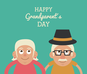 Canvas Print - aquamarine color card with half body couple of elderly with text happy grandparents day and him with glasses and hat vector illustration