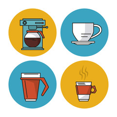 Sticker - white background with colorful circular frames with icons of coffee as coffee maker and porcelain cup and jar vector illustration