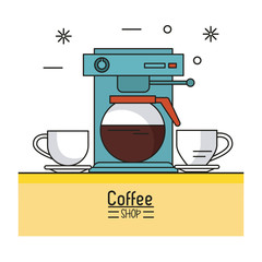 Wall Mural - colorful poster of coffee shop with coffee maker and two porcelain cups vector illustration