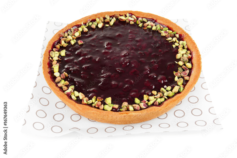 Delicious dessert with raspberries on white background