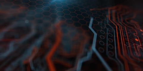 Poster - Terminal video. Technology background. Circuit board futuristic server code processing. PCB, Code, HTML. Orange,  blue background with digital integrated network technology. Printed circuit board. 