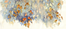 Autumn Birch Branches With Leaves Watercolor Background