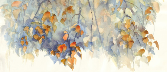 autumn birch branches with leaves watercolor background