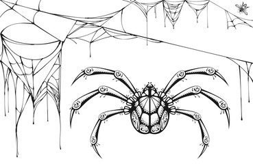 Wall Mural - scary black and white spider and torn web. halloween symbols and accessories