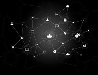 Poster - Business network connection displayed on a futuristic interface with technology icon - Worldwide business concept