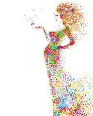 Fotomurales - Summer decorative composition with girl on the white background. Colored particles formed abstract woman figure.