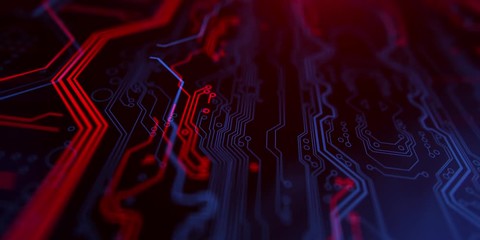 Poster - Terminal video. Technology background. Circuit board futuristic server code processing. PCB, Code, HTML. Red, blue background with digital integrated network technology. Printed circuit board. 