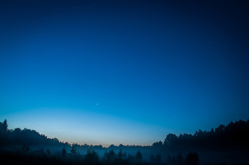 blue dark night sky with many stars above field of trees. milkyway cosmos