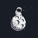 Fototapeta Kosmos - Cute little astronaut sits on Moon