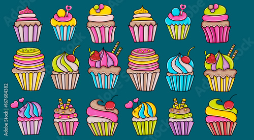 Cupcake Cartoon Doodle Icon Set Cute Elements For Birthday Or