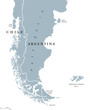 Patagonia political map. The southern end of continent South America, shared by Chile and Argentina. With Falkland Islands, a British overseas territory. English labeling. Gray illustration. Vector.