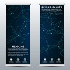 Roll up banner for presentation and publication. Medicine, science, technology and business templates. Structure of molecular particles and atom. Polygonal abstract background. Vector illustration