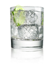 Wall Mural - alcohol cocktail with slice of lime and ice isolated on white background
