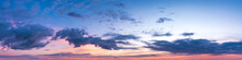 Vibrant Panoramic Sky On Twilight Time. Beautiful Cloud. Panorama High Resolution Photograph.