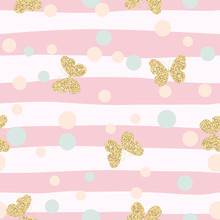 Gold Glittering Butterflies Confetti Seamless Pattern On Pink Striped Background.