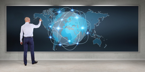 Poster - Businessman using digital planet earth interface on a board 3D rendering