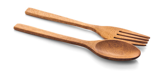 Wooden spoon and fork on white background