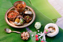 Thailand Northern Food Cuisine Tradition On Banana Leaf Background.