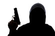 Unrecognizable man in hooded sweatshirt with handgun isolated on white background