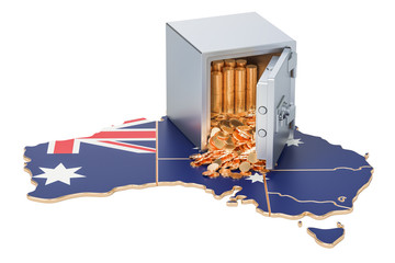 Poster - Safe box with golden coins on the map of Australia, 3D rendering