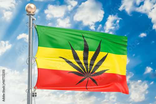 Fotografie, Obraz Rasta Flag, Cannabis leaf on Rastafarian flag. 3D rendering