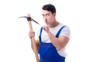 Man with a digging axe hoe on white background isolated