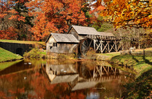 Mabry Mill With Pond, One Of The Attractions On Blue Ridge Parkway, Virginia USA In Autumn.