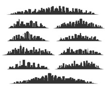 Urban Cityscape Silhouettes Vector Illustration. Night Town Skyline Or Black City Buildings Isolated On White Background