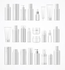 Wall Mural - Realistic Template Blank White Big Cosmetic Bottles Set Isolated. Vector