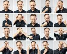 Set Of Young Man's Portraits With Different Emotions