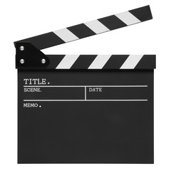 open blank clapper board on top view vintage white wood table for the action scene or filming and shooting movie or cinema production included clipping path
