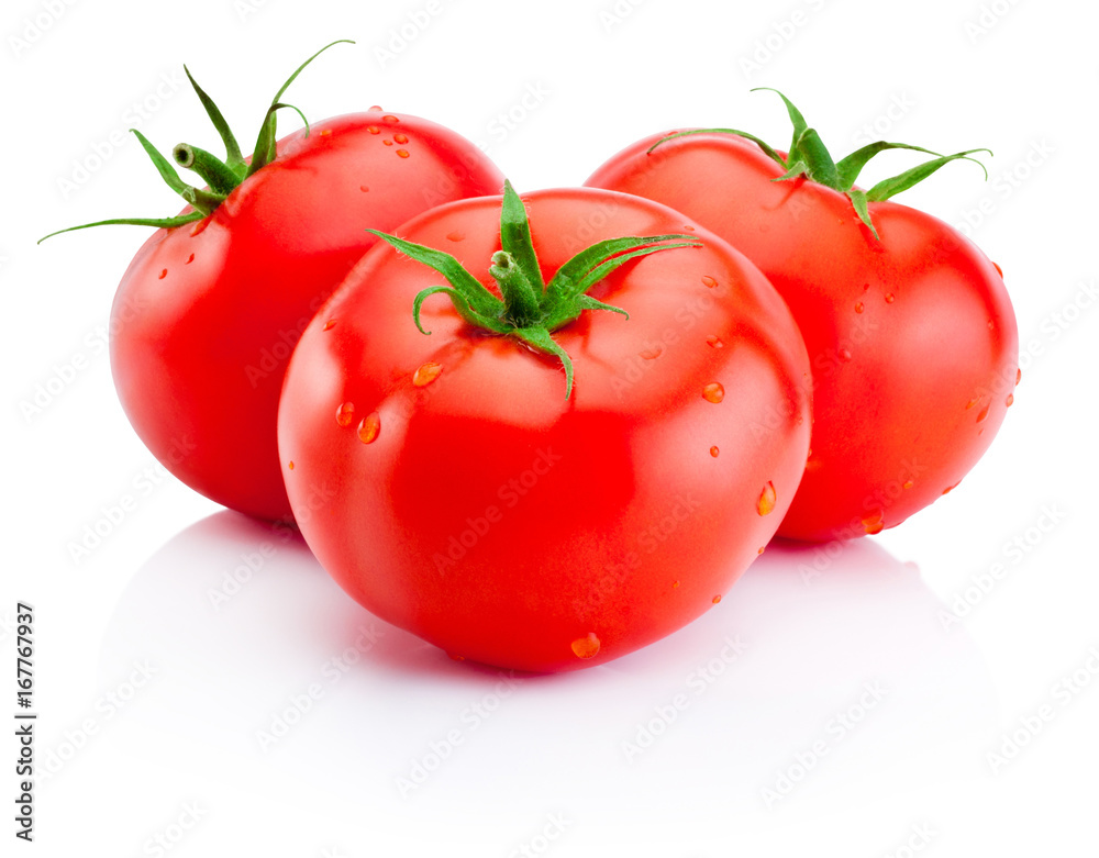 Three juicy red tomatoes isolated on white background - obrazy, fototapety, plakaty 