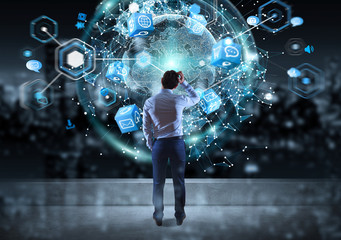 Poster - Businessman watching digital planet earth interface on a rooftop 3D rendering