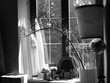 Fensterbank mit Kunstwerken und Sammlergegenständen im Sonnenlicht in einem alten Bauernhaus in Rottenbuch in Oberbayern, fotografiert in neorealistischem Schwarzweiss