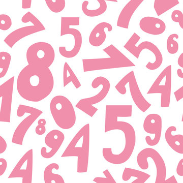 Seamless pattern with cute pink cartoon numbers on white background.