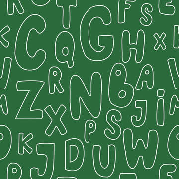 Seamless pattern with letters on green background. Chalk on blackboard. Vector.