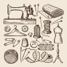 Vintage Sewing Symbols Set. Vector Pictures In Hand Drawn Style