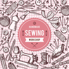 Poster - vector background illustration of needlework tools and place for your text
